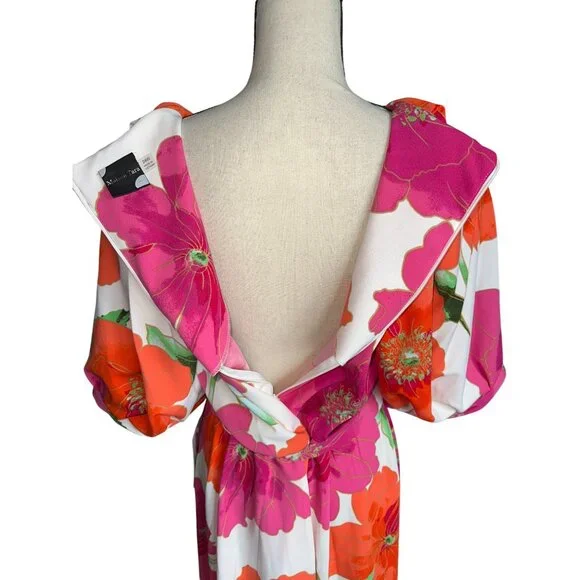 NWT Maison Tara Dress Floral Wrap Puff Sleeves Belt Orange Pink Flowers Chic 24W - Picture 4 of 7